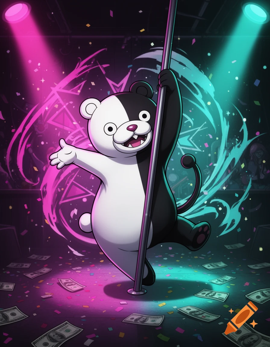 Monokuma, a black and white bear character, pole dancing in a club setting with money scattered on the floor. Pink and teal spotlights illuminate the scene.