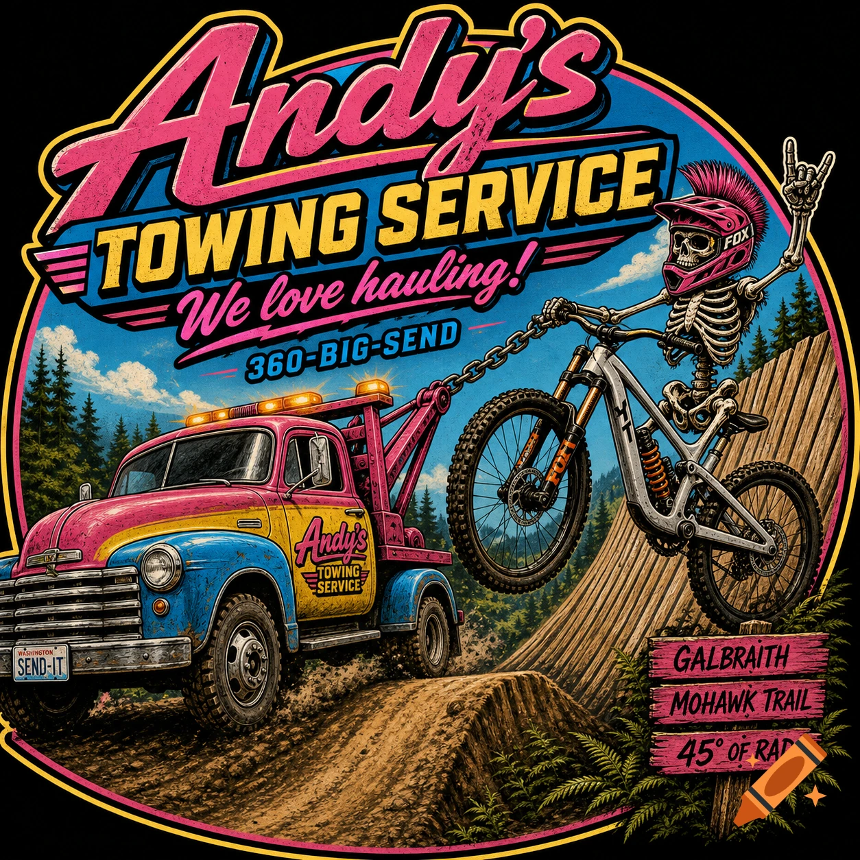 Retro logo art with a pink and blue tow truck pulling a skeleton riding a silver mountain bike. Text says "Andy's Towing Service, We love hauling!"