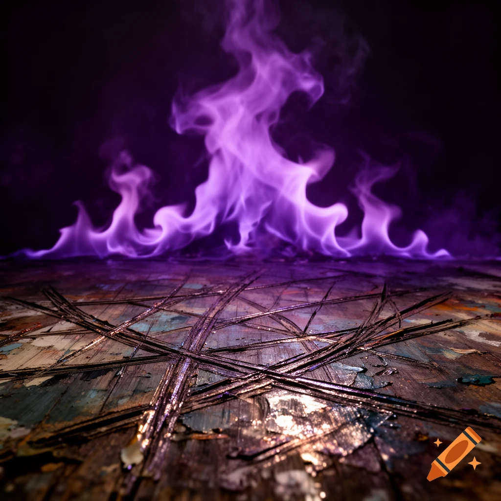 Purple fire burns above a dark, textured surface with many deep scratches.