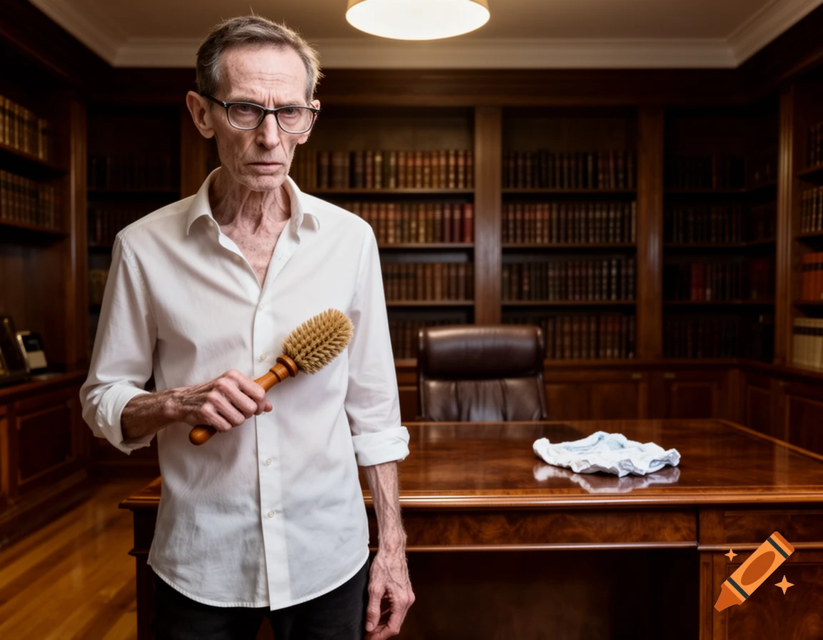 A gaunt man in glasses and a white shirt holds a wooden bath brush in an office with bookshelves. Crumpled white underpants are on the desk.
