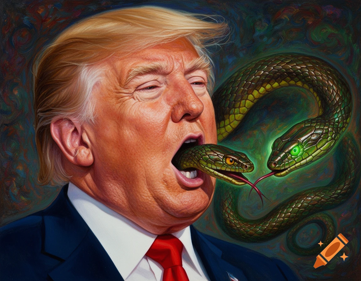 A detailed painting of Donald Trump with a green snake emerging from his open mouth, another snake head nearby.