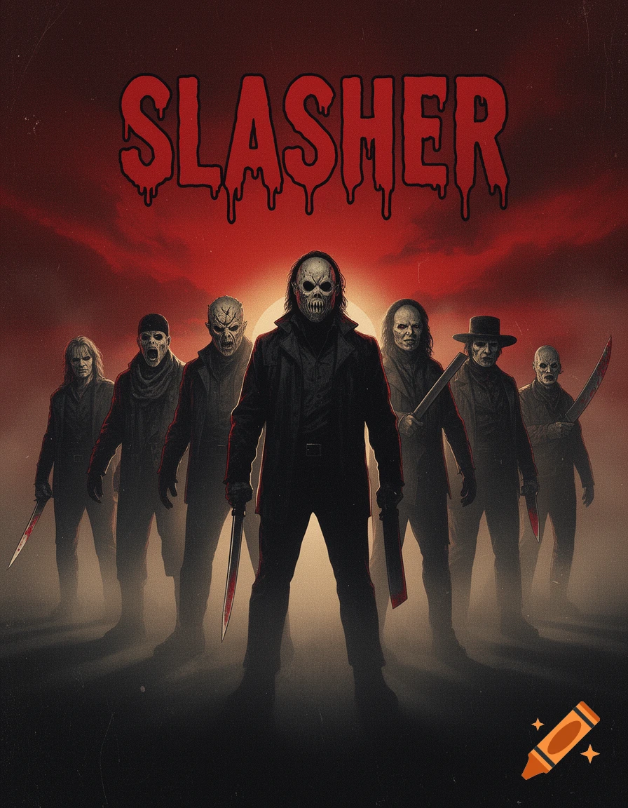 Horror movie poster with seven masked slasher villains holding knives against a red sky, titled 'SLASHER'.