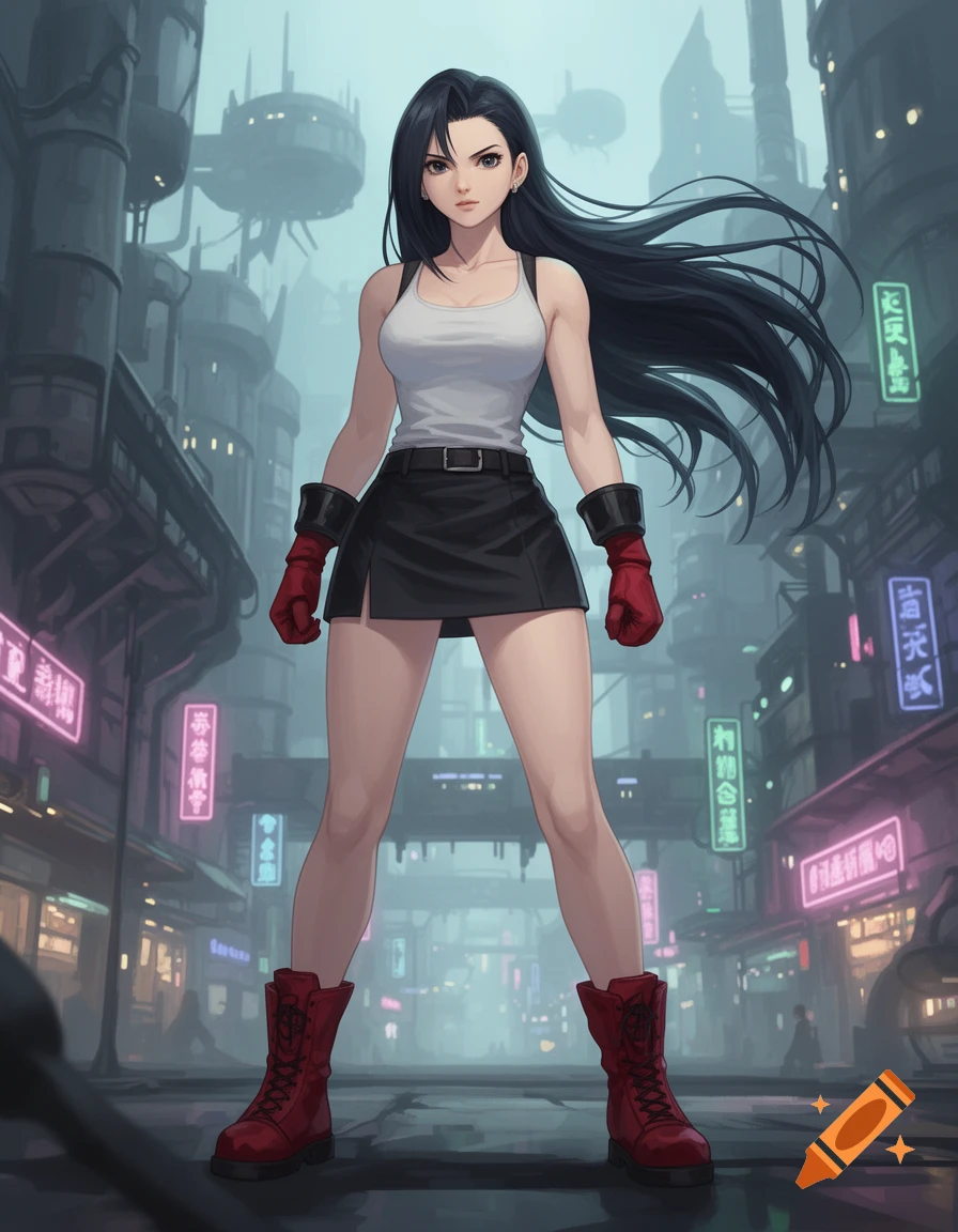 Full body anime-style illustration of Tifa Lockhart in a white tank top and black skirt, standing in a futuristic city.