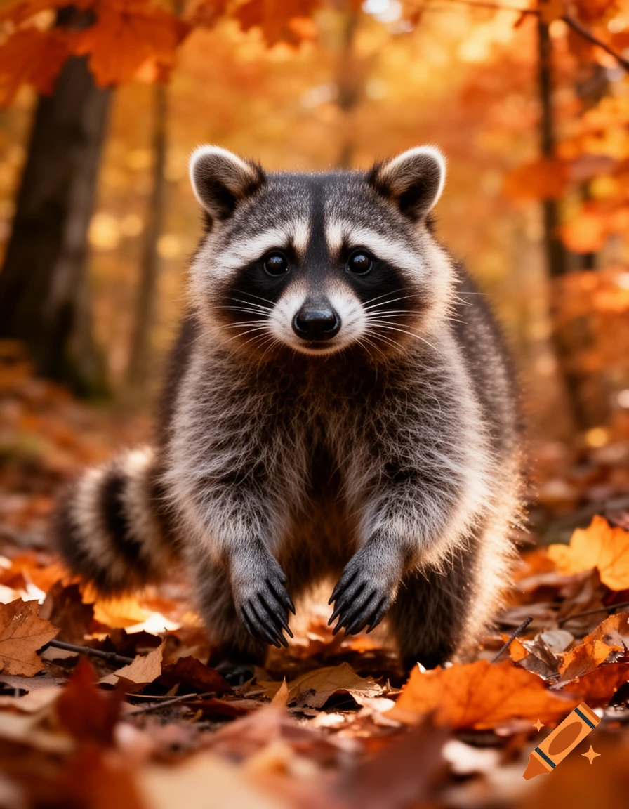 A fluffy raccoon with a black mask and striped tail stands among bright orange autumn leaves in a forest.