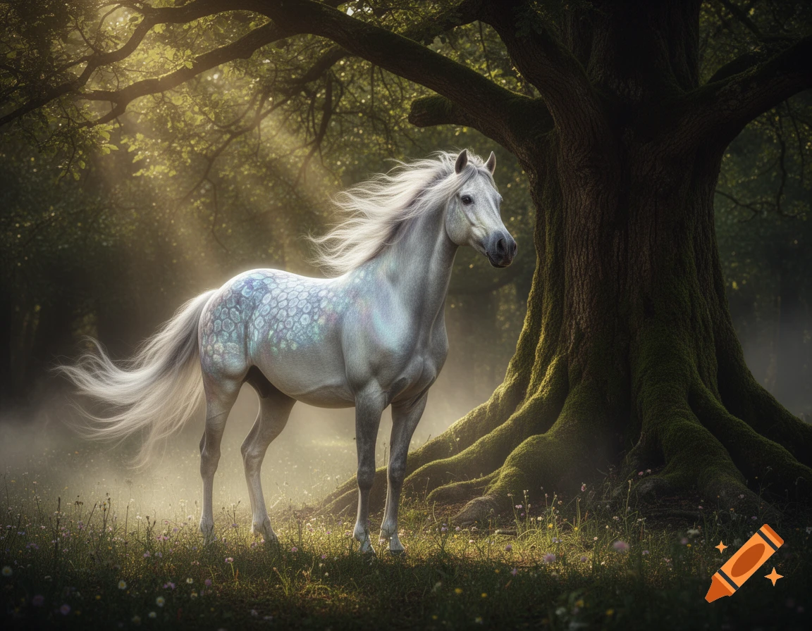 A majestic, iridescent white horse stands in a sunlit, misty forest next to a large moss-covered tree.