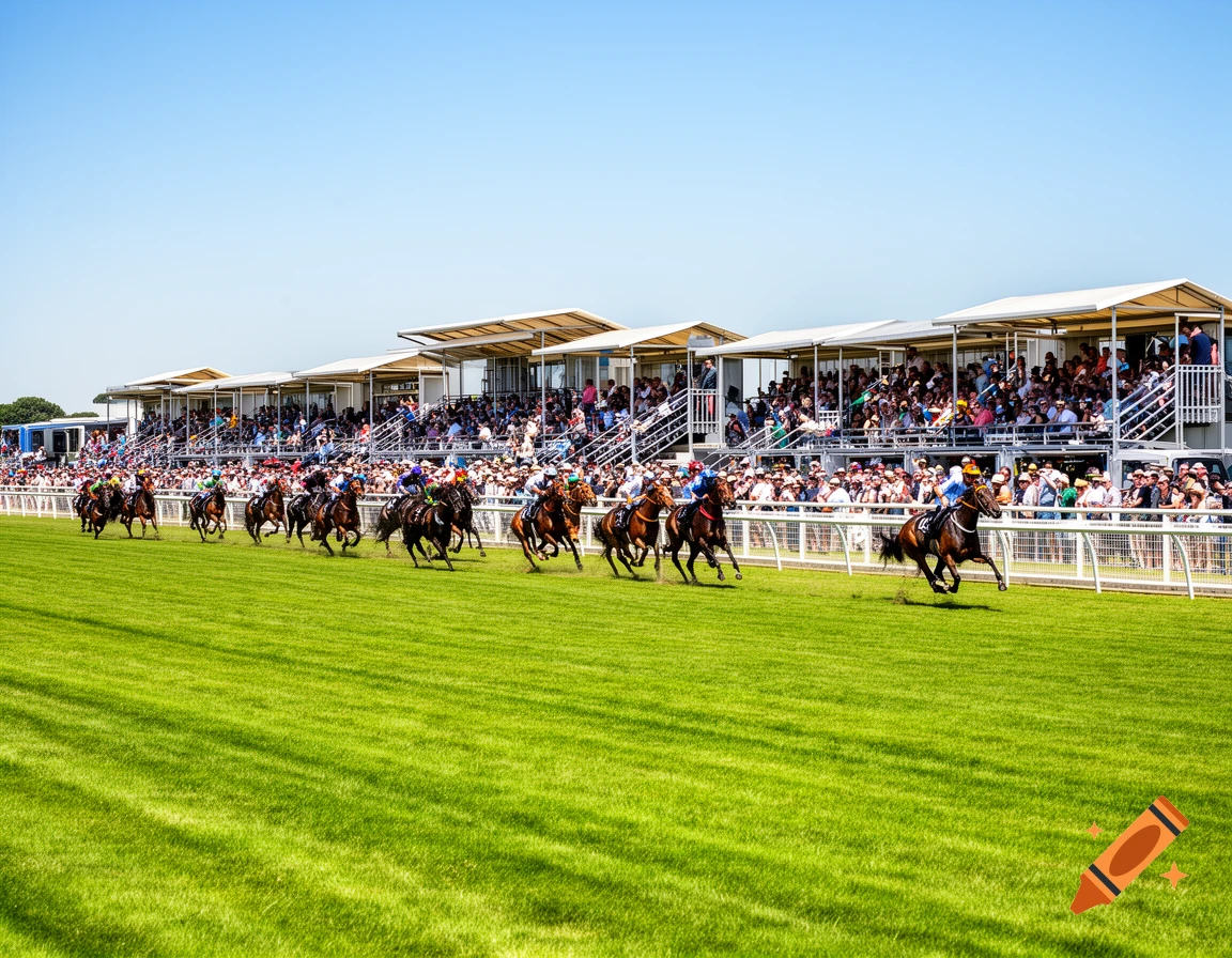 Photorealistic image of horses and jockeys racing on a green track in front of grandstands filled with spectators under a clear blue sky.