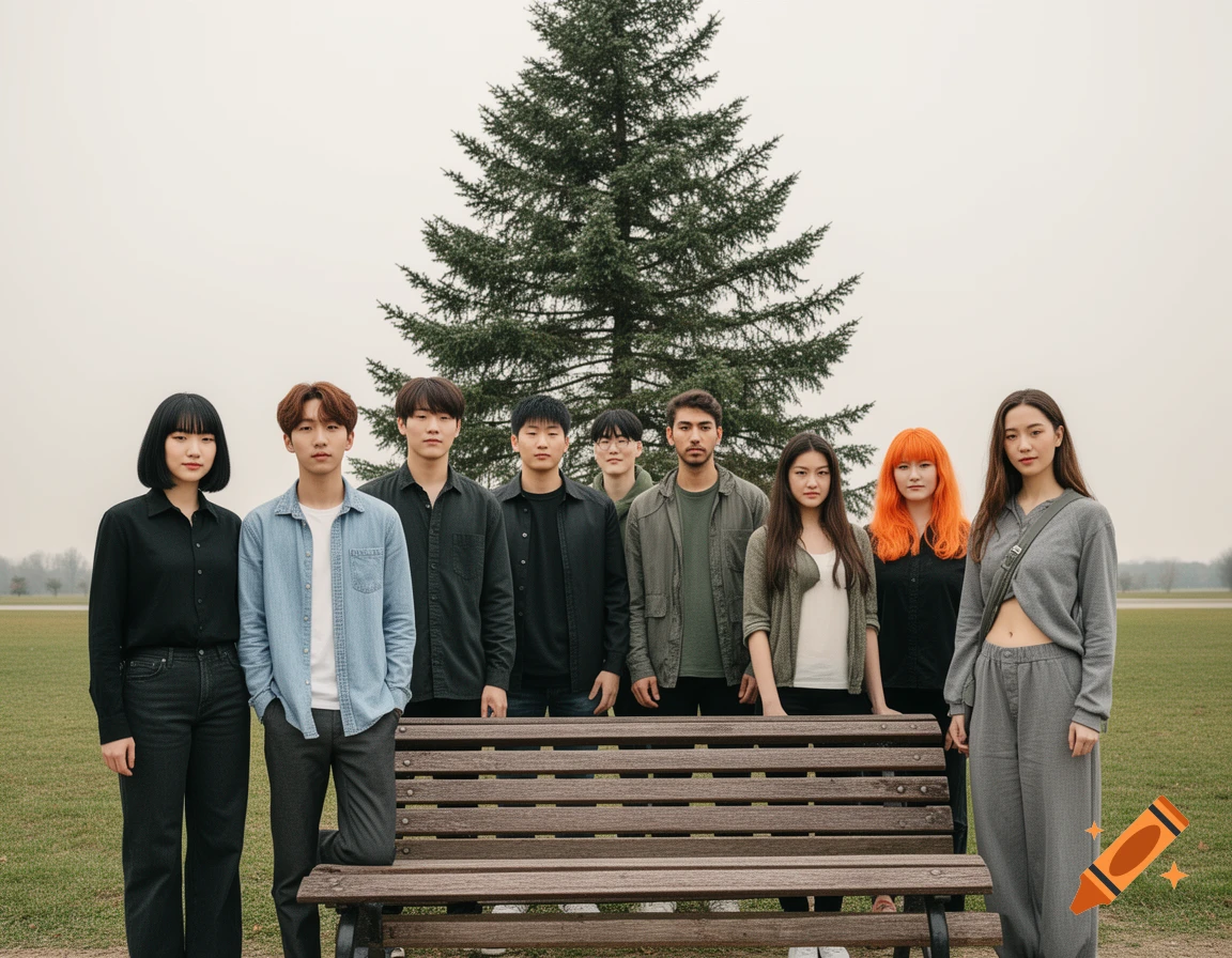A group of young people of varying ethnicities stand in a field with a large evergreen tree and a wooden bench.