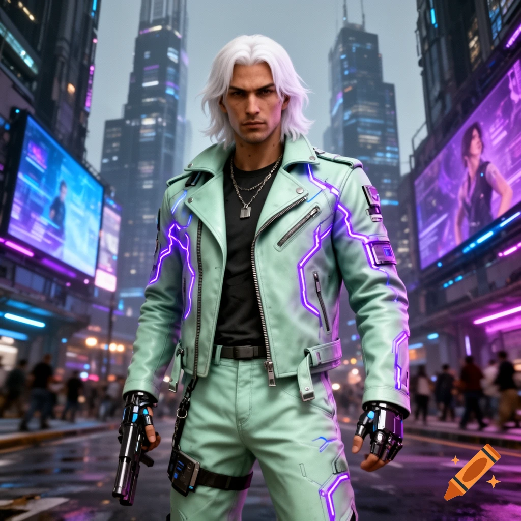 A white-haired man in a mint pastel cyberpunk jacket with neon accents holds a gun on a rainy city street with glowing billboards.