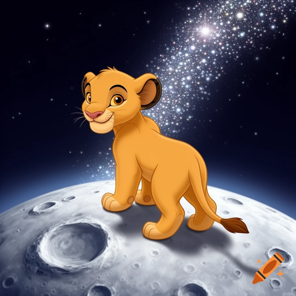 Cartoon Nala cub from The Lion King sits on the moon looking over her shoulder with a timid smile, under a starry night sky.
