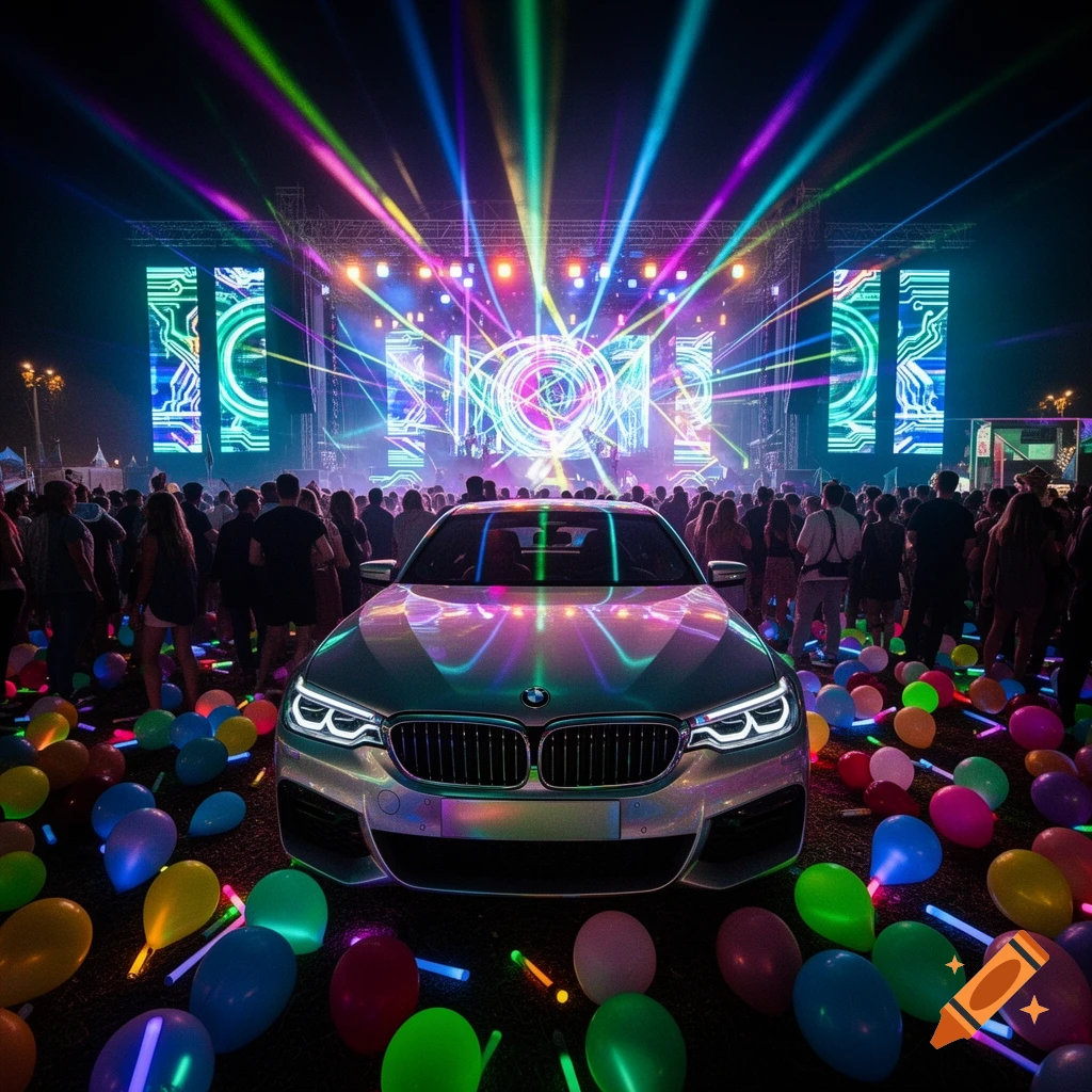Silver BMW car at a vibrant outdoor music festival at night, surrounded by neon lights, balloons, and a brightly lit stage.