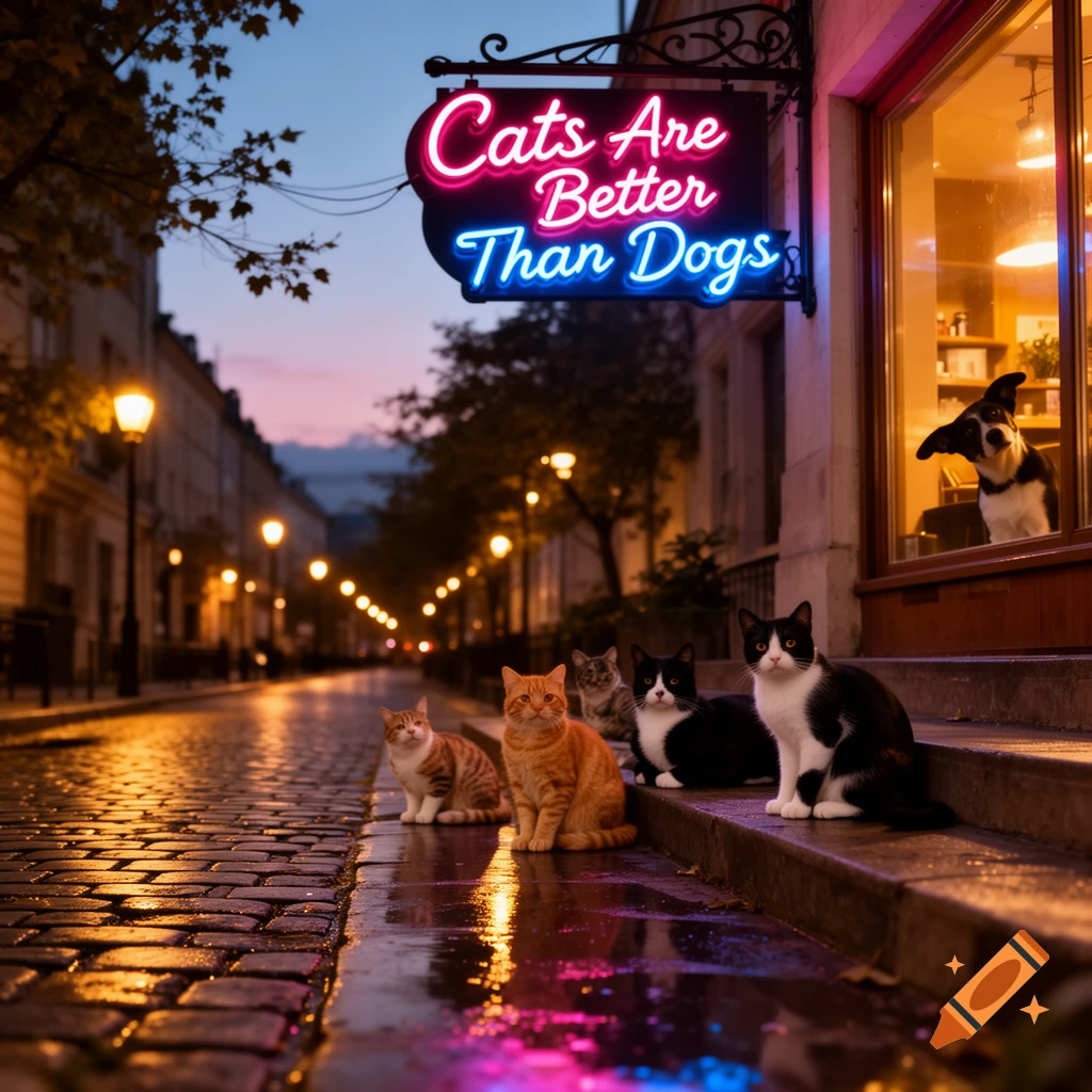 Several cats sit on a wet cobblestone street at dusk, illuminated by a neon sign that reads 'Cats Are Better Than Dogs'. A dog peeks from a window.