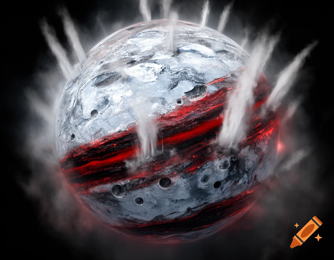 A dramatic icy planet with red sulfur flows, craters, and white geysers erupting into dark space.