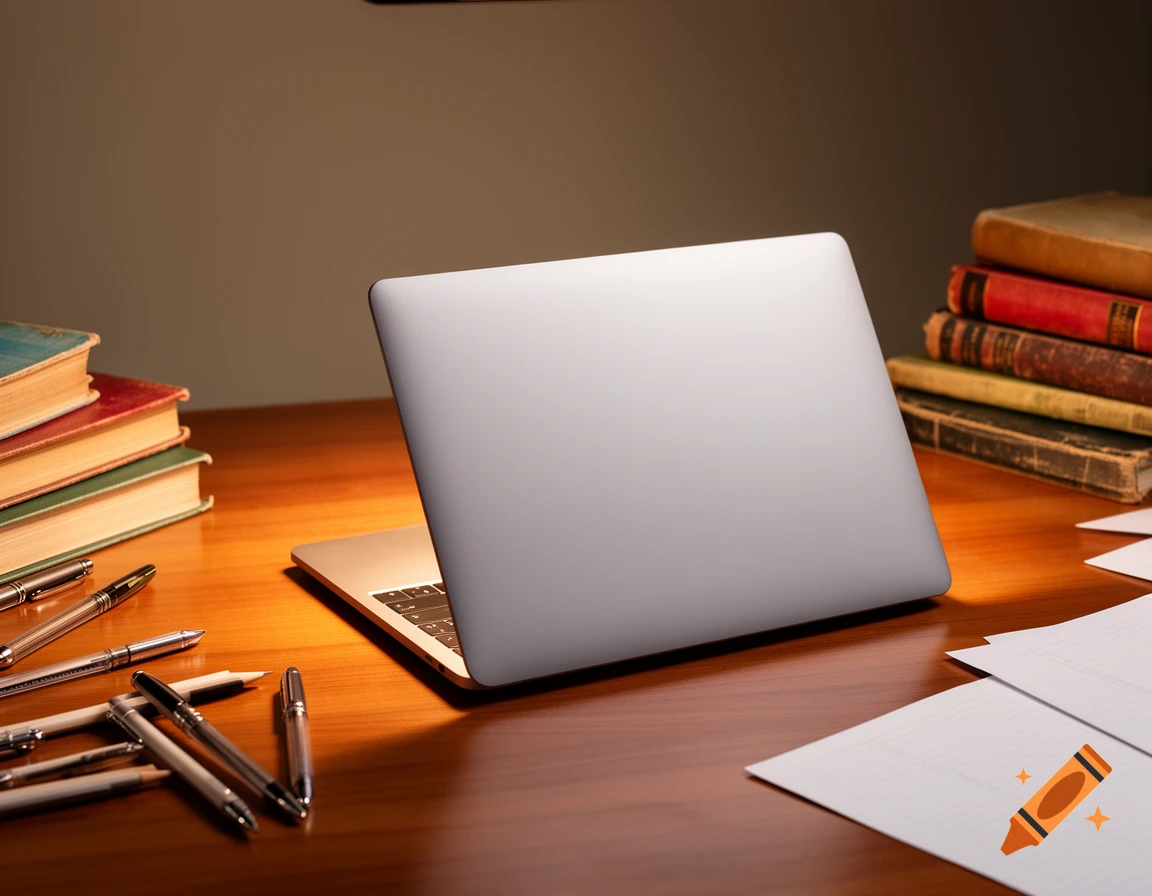 A silver laptop, old books, pens, and paper are arranged on a wooden desk under warm lighting, viewed from behind the laptop.