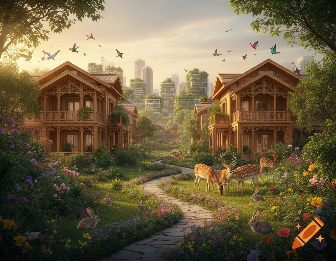 A serene landscape with ornate wooden houses, a winding path, colorful flowers, deer, rabbits, birds, and green city buildings.