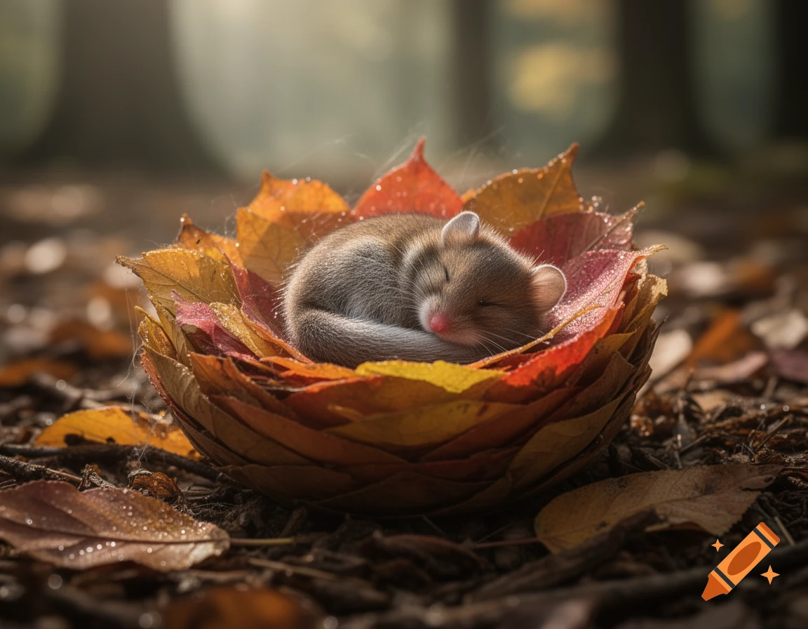 A tiny, fluffy dormouse sleeps curled in a nest of vibrant autumn leaves on a forest floor, photorealistic.