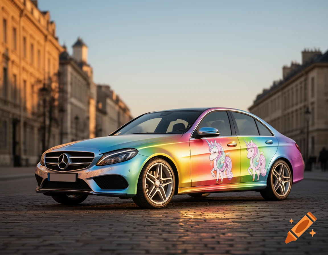 A Mercedes-Benz sedan with a rainbow wrap and two cartoon unicorns on its doors is parked on a cobblestone street.