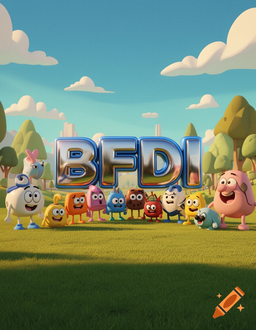 A group of colorful, diverse cartoon characters with large eyes stand on green grass under a blue sky, with a large metallic 'BFDI' logo floating above them in a 3D animation style.