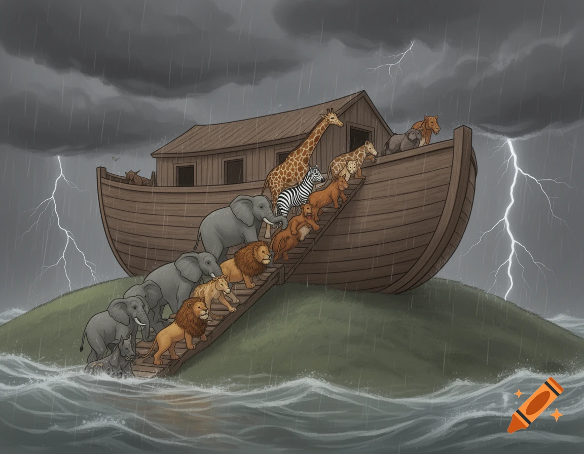Simple illustration of Noah's Ark with pairs of animals, including elephants, lions, and giraffes, ascending a ramp into the ark during a heavy rainstorm with lightning.