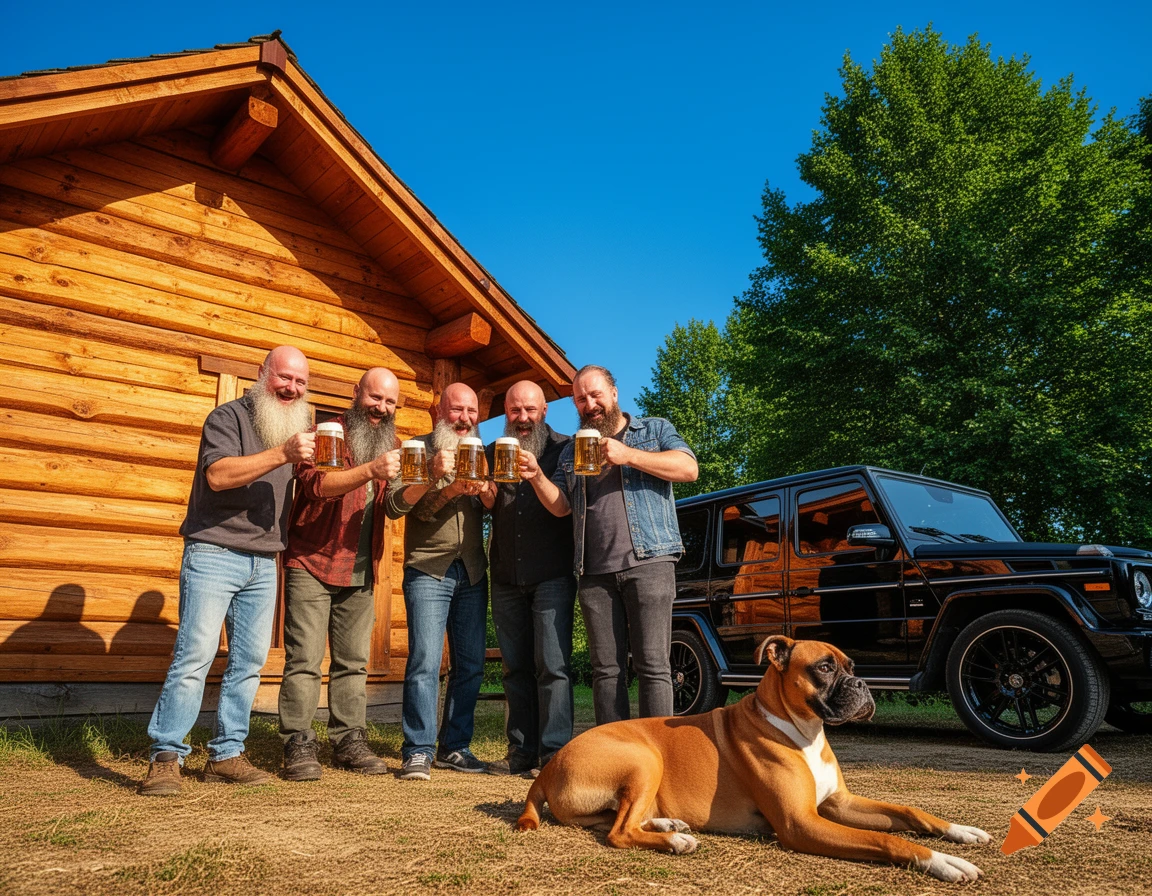 Five bald, bearded men drink beer in front of a log cabin, with a Boxer dog and a black Mercedes G-Class nearby on a sunny day.