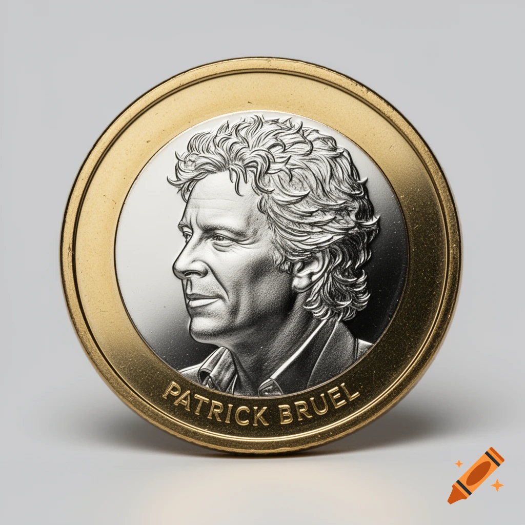 Photorealistic close-up of a two-euro coin with a silver relief portrait of Patrick Bruel in profile and his name engraved below.