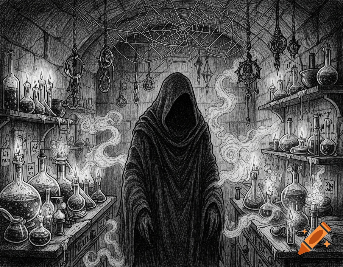 A dark, black and white pencil sketch of a hooded figure standing in an alchemist's lab, surrounded by bubbling potions and glowing candles.