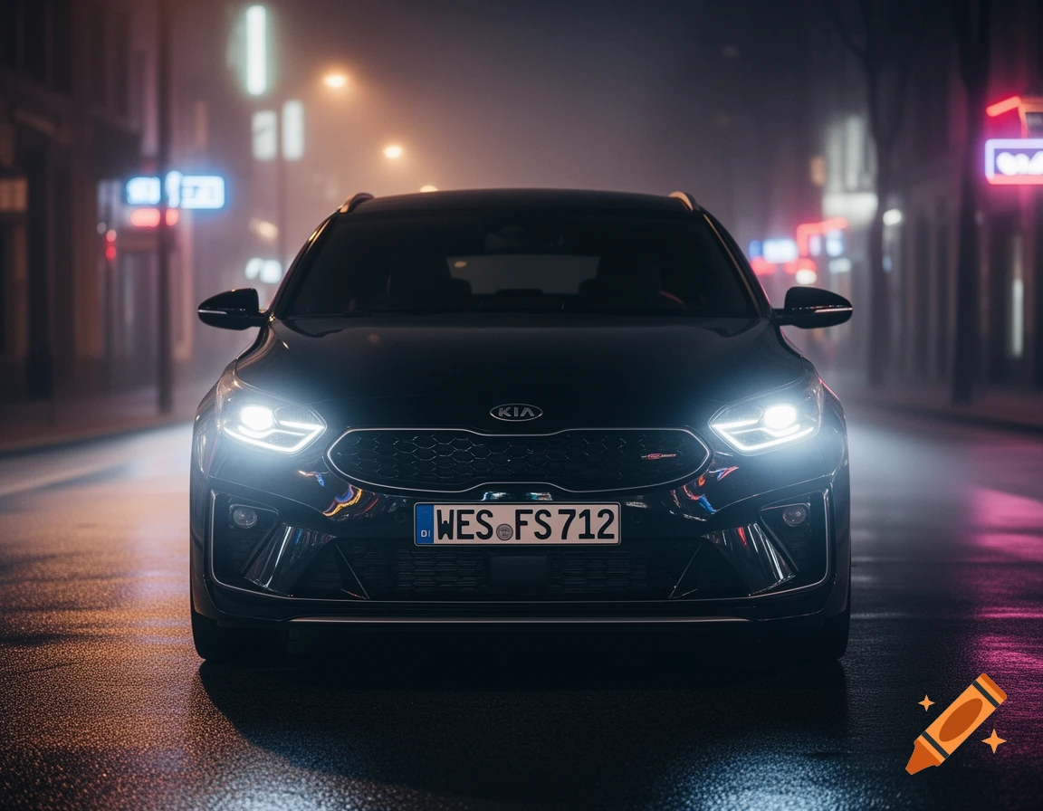 A black Kia Proceed GT-Line with illuminated headlights sits on a wet city street at night.