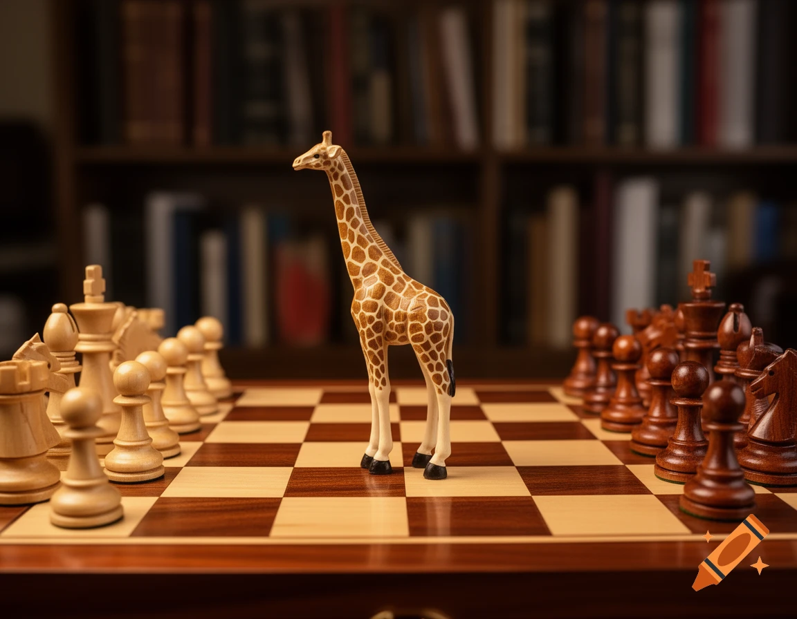 A giraffe figurine stands on a chessboard between rows of white and brown chess pieces, with bookshelves in the background.
