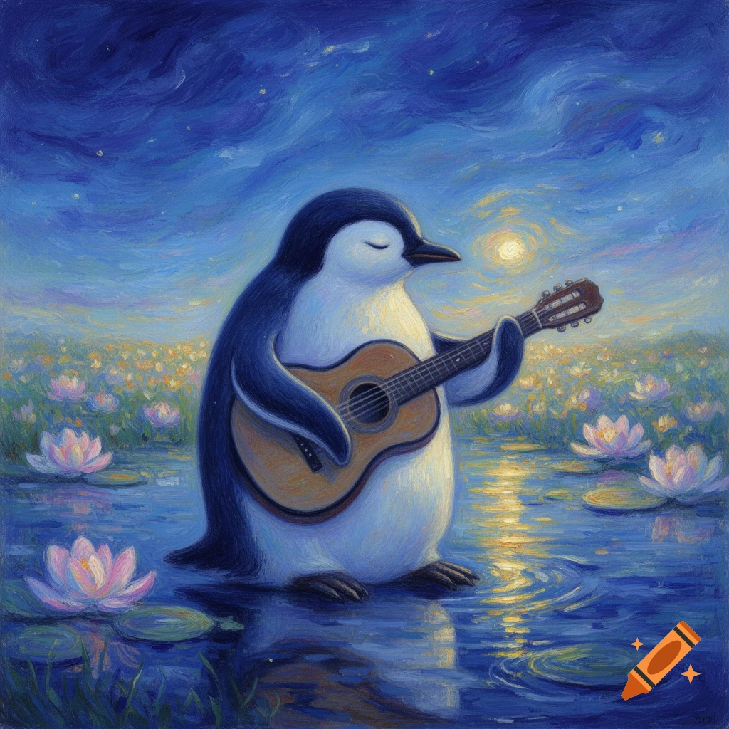 Impressionistic painting of a penguin playing a guitar in a water scene with lily pads under a moonlit sky.