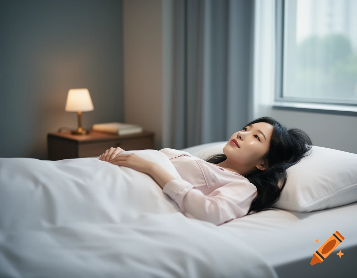 A young Korean woman in pink pajamas lies in bed, looking up thoughtfully, in a softly lit bedroom.