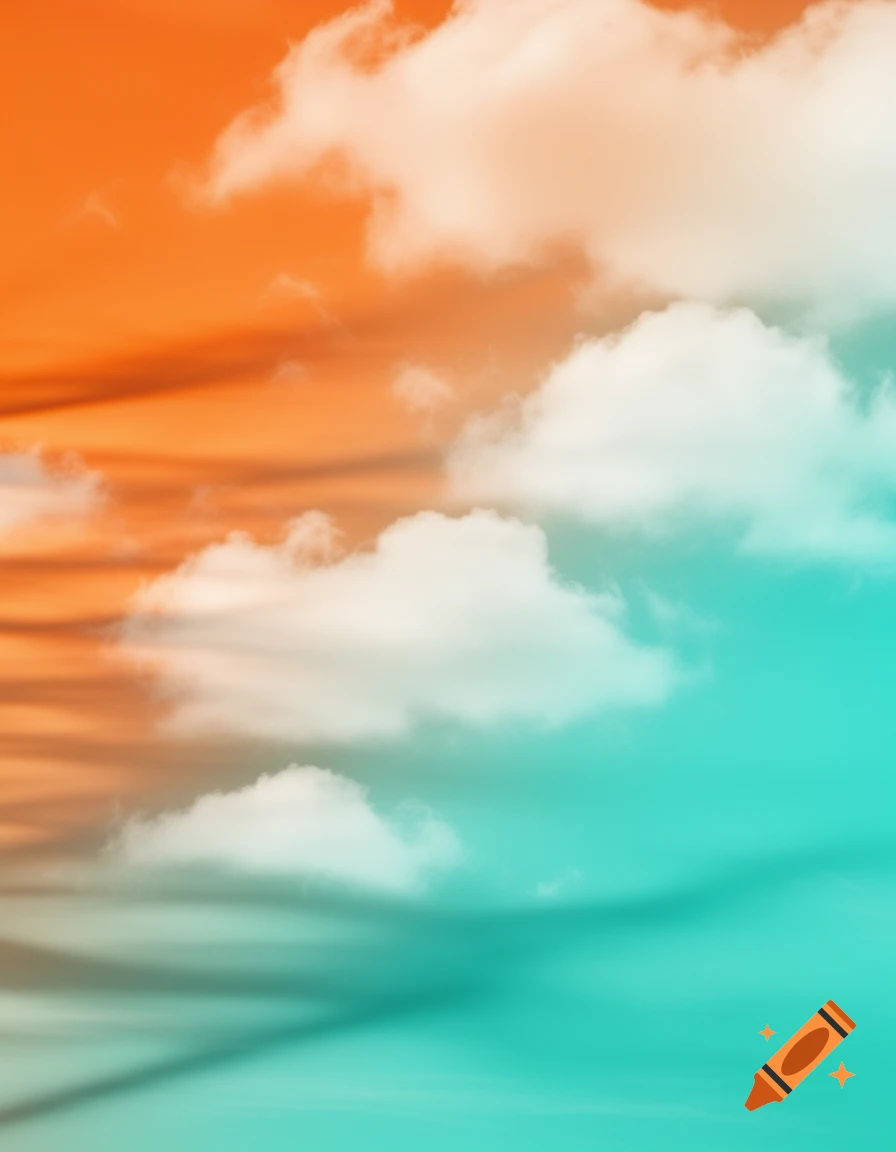 Vibrant sky with white clouds, a gradient from warm orange to cool turquoise.