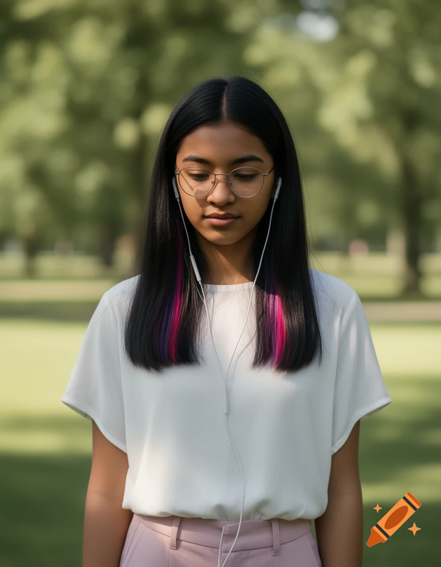 A young woman with long black hair and pink/purple streaks wears glasses and earbuds, looking down in a park.