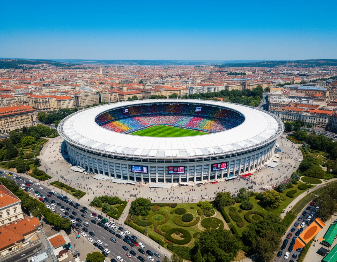 Aerial view of a large, circular stadium filled with colorful spectators, surrounded by a sprawling city under a clear blue sky.
