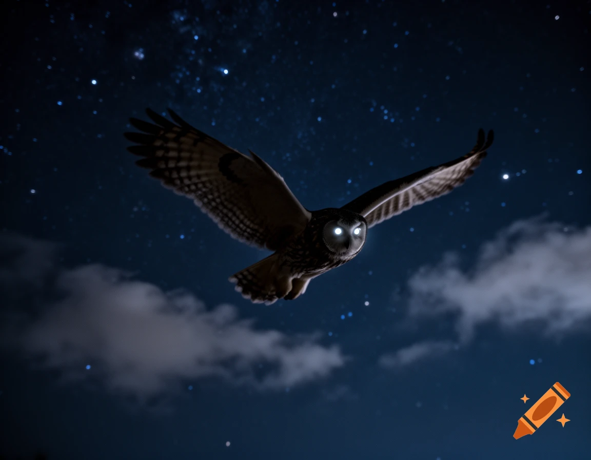 A large owl with glowing white eyes flies through a dark starry night sky with wispy clouds.