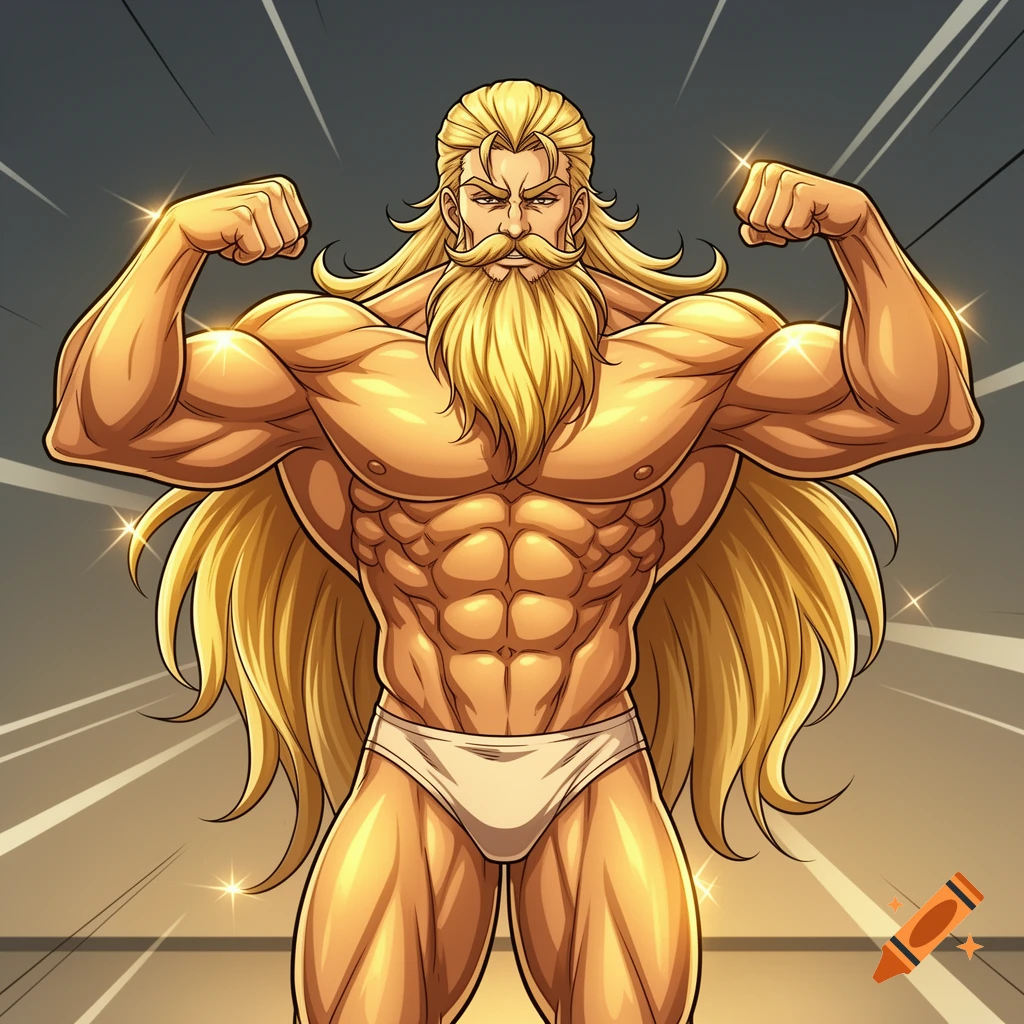 A muscular anime man with long blonde hair and a beard, wearing white briefs, flexing his biceps.