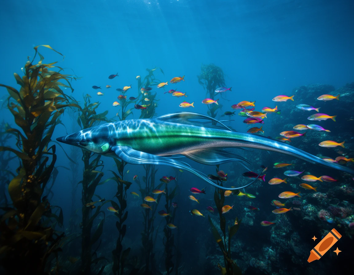 A large, sleek bioluminescent fish-like creature swims through a kelp forest among schools of colorful fish in a deep blue ocean.