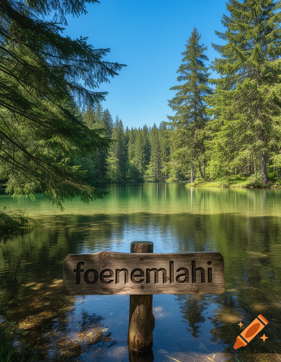 Serene forest lake surrounded by tall green trees, with a wooden sign reading 'foenemlahi' in the clear water.