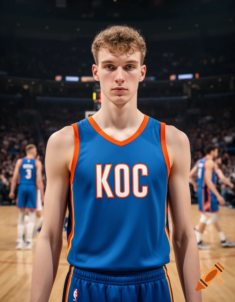 Photorealistic image of a young male basketball player with curly blonde hair wearing a blue and orange jersey with 'KOC' on a court.