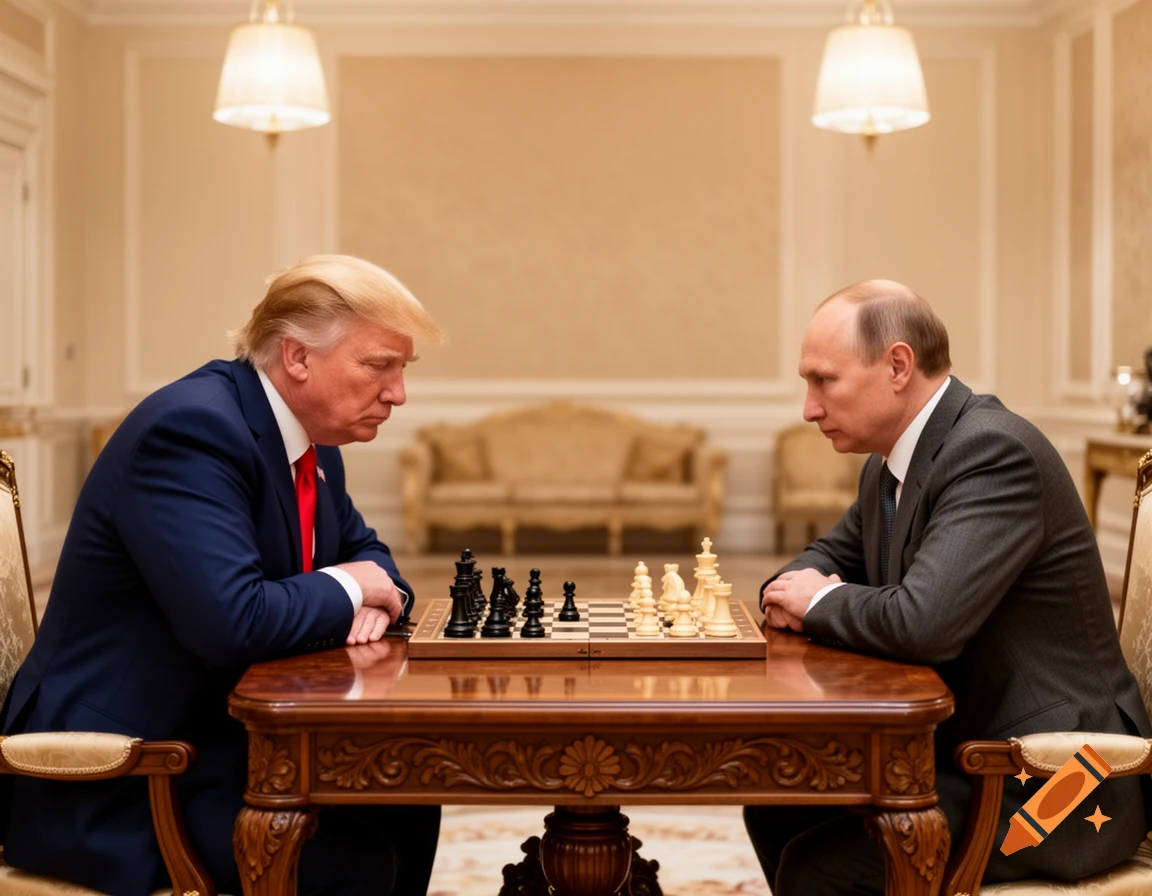 Donald Trump and Vladimir Putin in suits intently playing chess at a wooden table in a formal room.