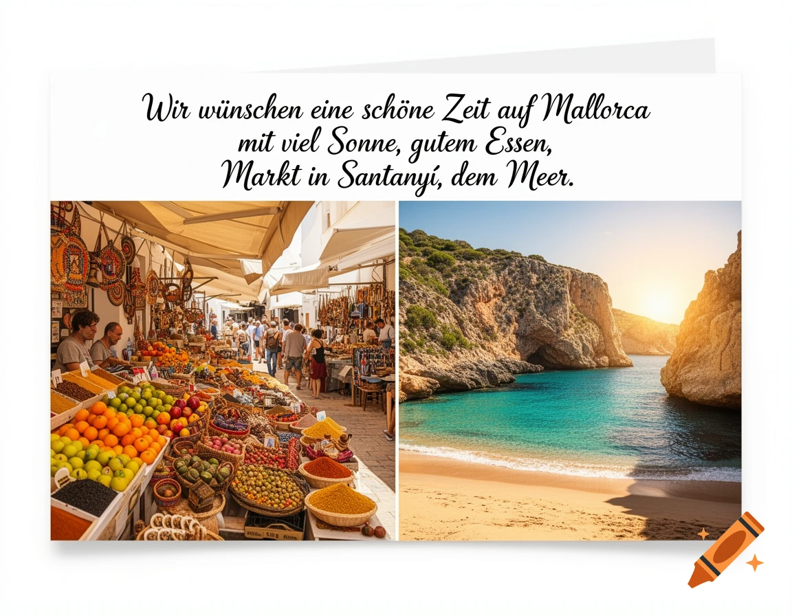 Postcard with two panels: a vibrant market of fruits and spices, and a sunny beach with turquoise water and cliffs.
