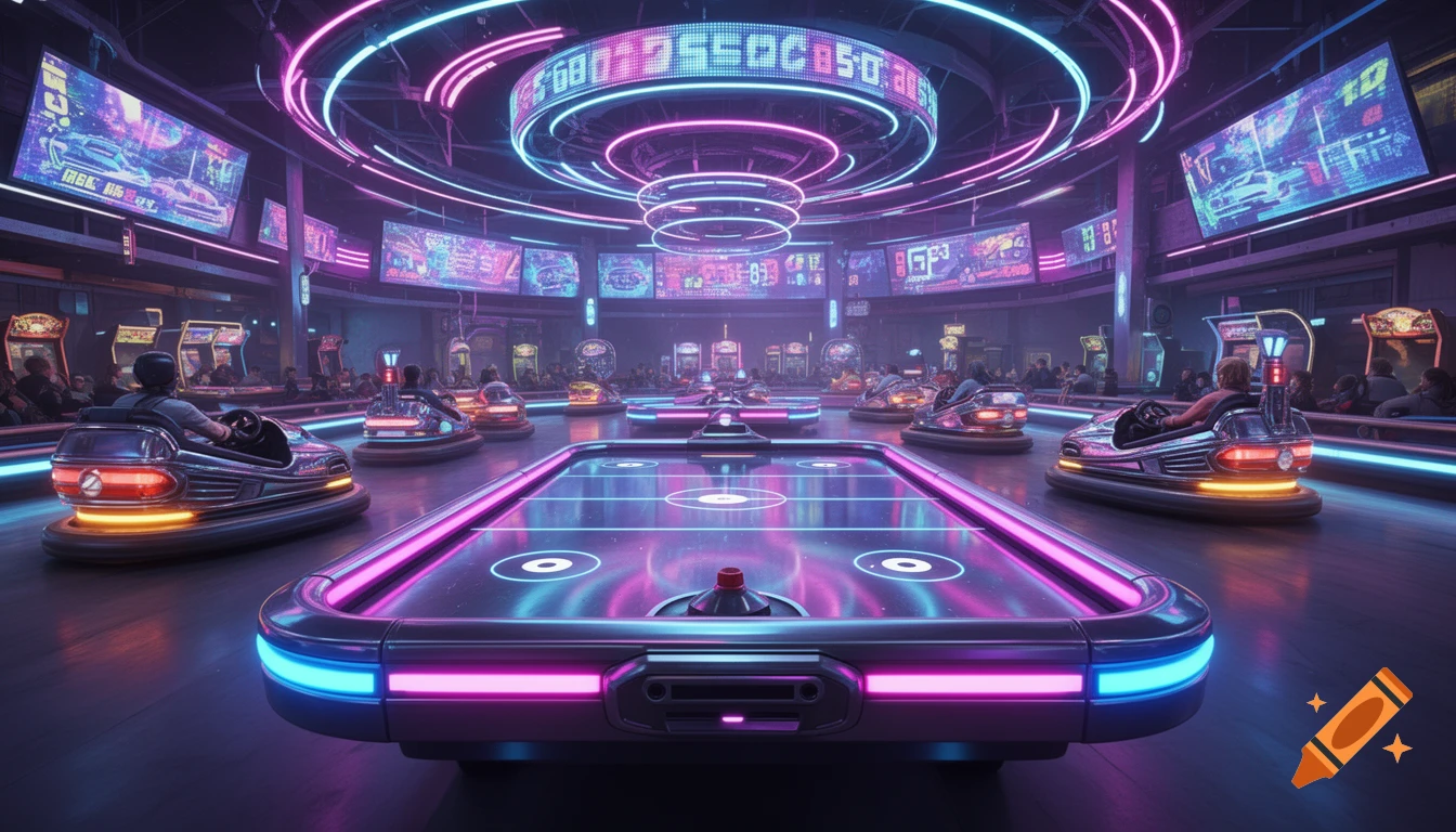 A vibrant, neon-lit futuristic arcade featuring an air hockey table in the foreground and bumper cars with drivers in the background, surrounded by glowing screens.