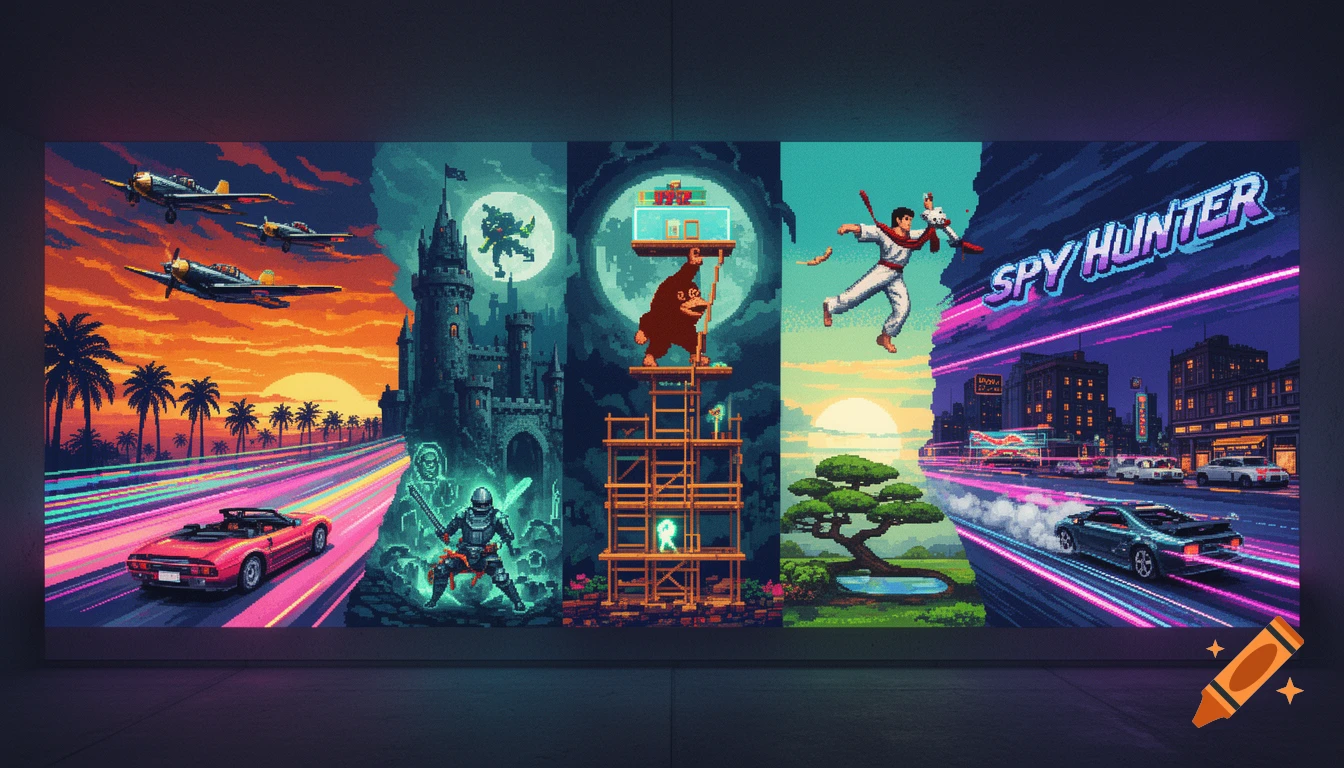A pixel art collage featuring scenes from classic arcade games like Outrun, Ghost 'n Goblins, Donkey Kong, and Spy Hunter, in vibrant retro colors.