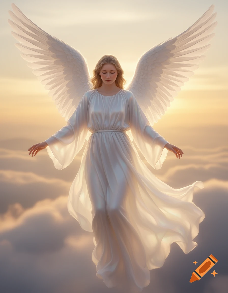 A serene, photorealistic angel with large white wings floats among golden clouds at sunset, wearing a flowing white gown.