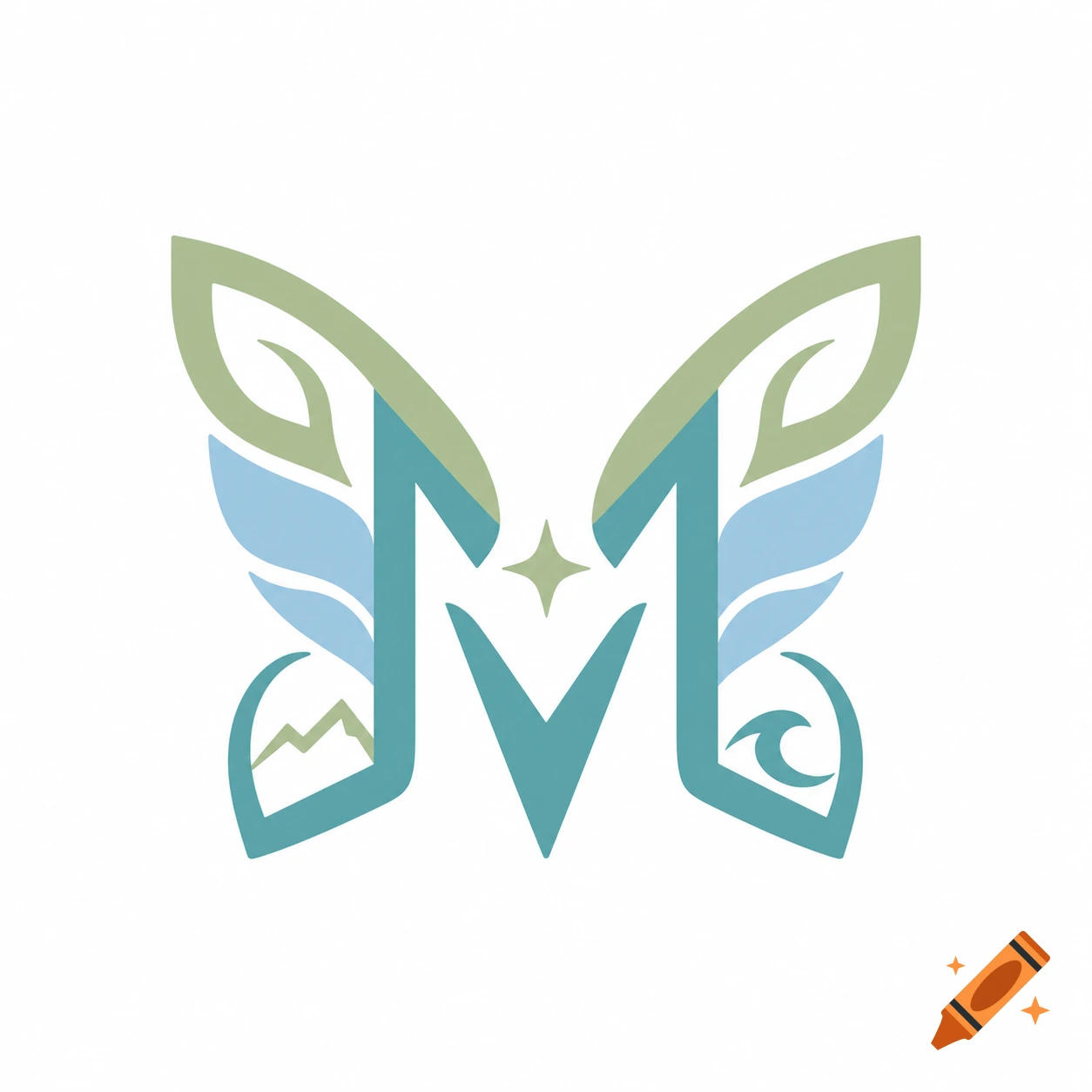 A stylized letter M forms butterfly wings in sage green, soft blue, and teal, with a small star at the center, a mountain on the left wing, and a wave on the right.