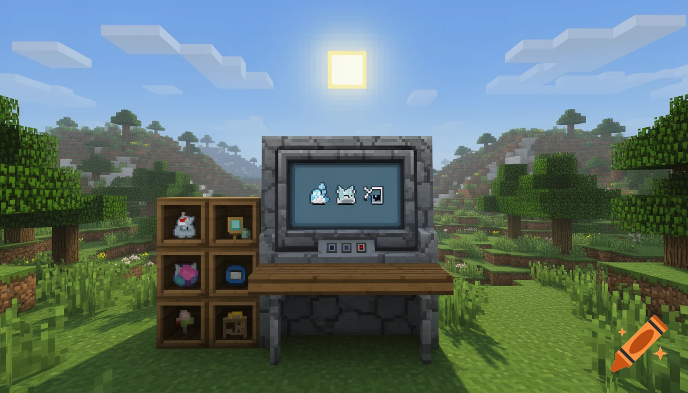 A pixelated Minecraft-style landscape with a stone computer and bookshelf displaying pixel art items on a sunny day.