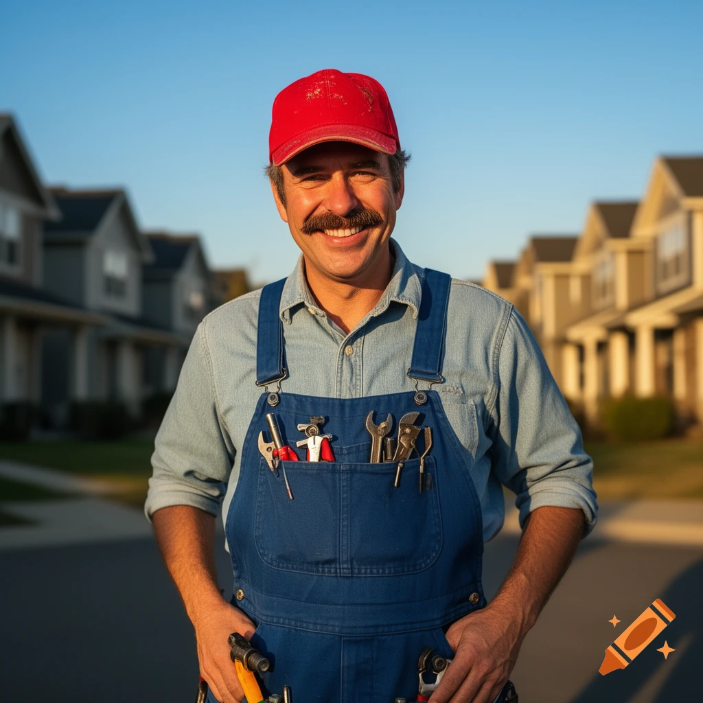 A cheerful, photorealistic plumber with a mustache, blue overalls, and a red cap smiles while standing on a street in front of houses.