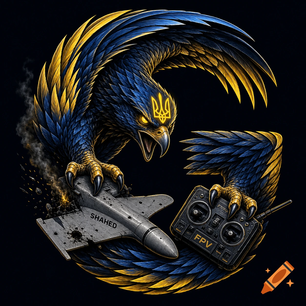 A stylized blue and yellow eagle with a Ukrainian trident on its head, crushing a 'SHAHED' drone and holding an 'FPV' remote, forming a G.