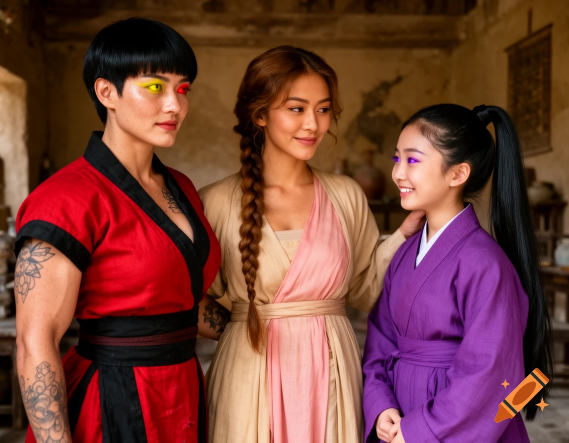Three women in traditional attire in an ancient building; one muscular with red and yellow eyes, one with a braid, and a young girl with purple eyes.