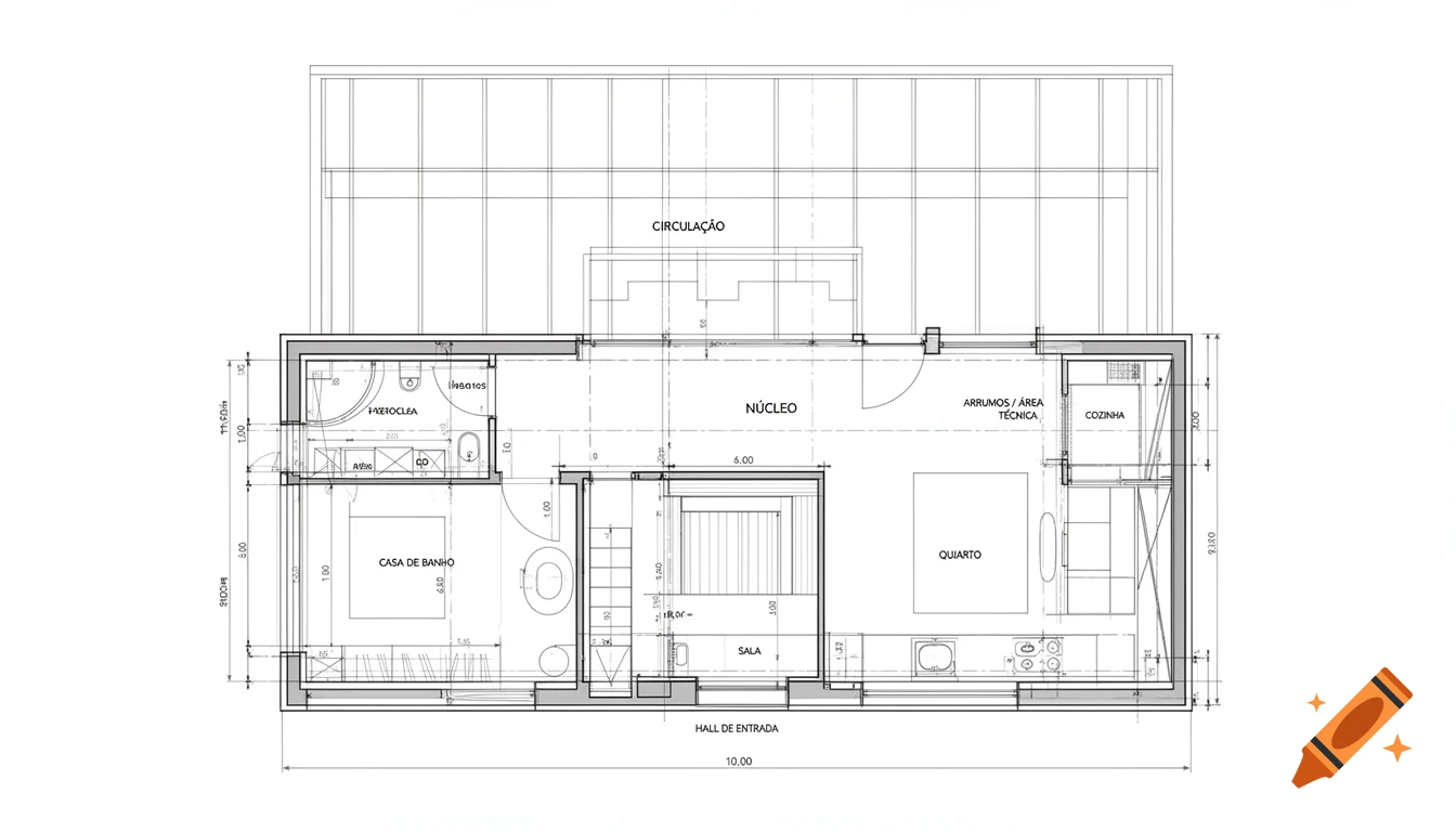 Detailed architectural floor plan in black and white, showing room layouts like a bathroom, bedroom, living room, kitchen, and entrance hall with dimensions.