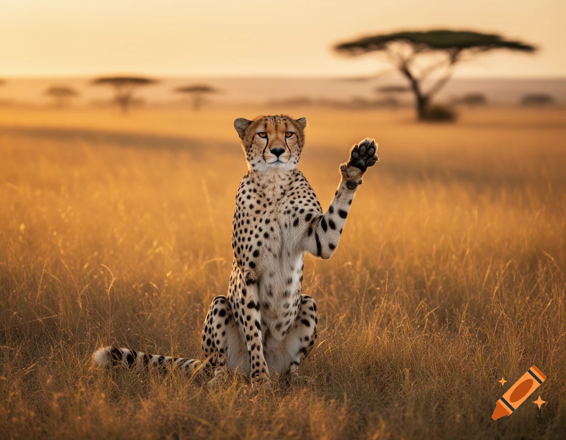 A cheetah sits in a golden savanna, raising a paw as if waving, under a warm sunset sky.