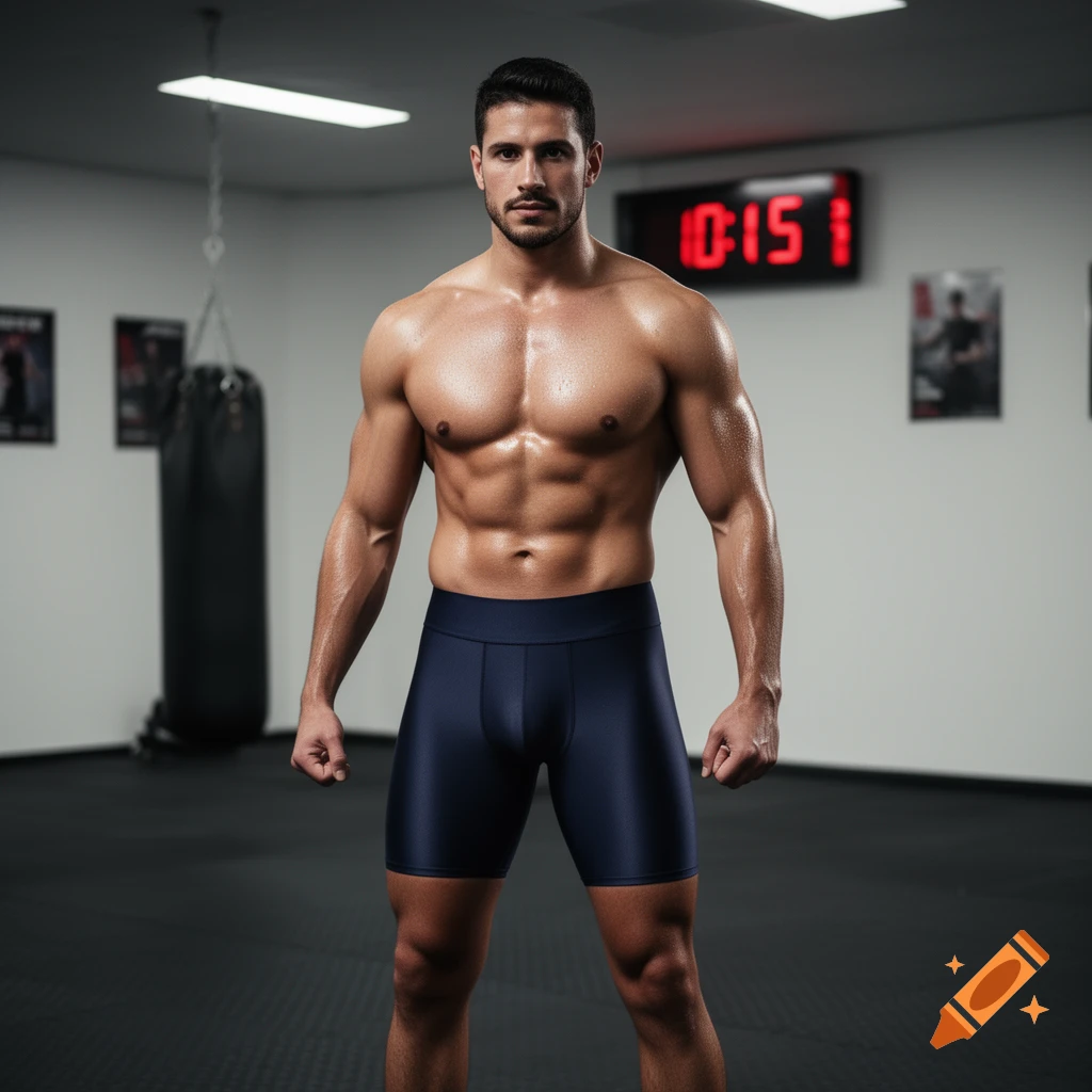 A muscular, shirtless man in blue athletic shorts stands in a gym, with a punching bag and a digital clock in the background. Photorealistic style.